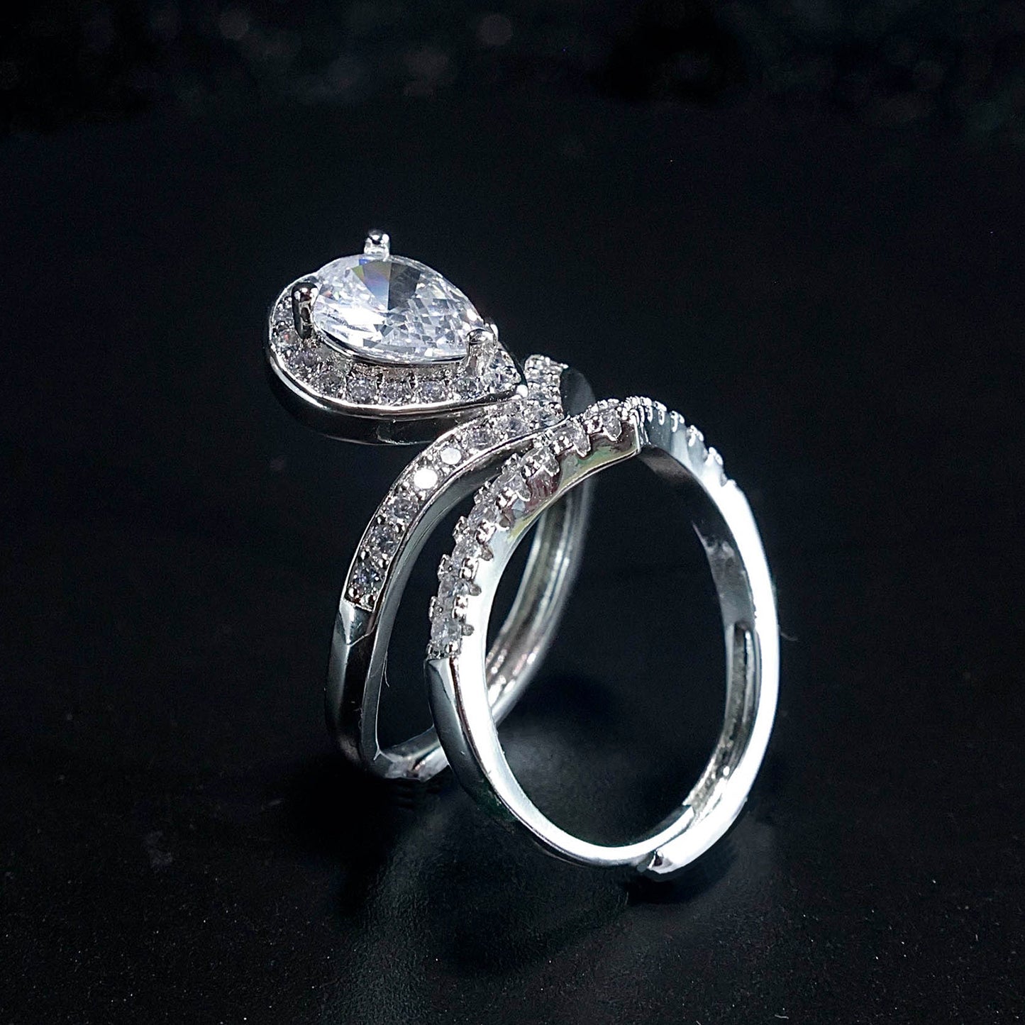 Joudwass Teardrop Halo CZ Ring Set-Silver-Tone Engagement & Wedding Bands