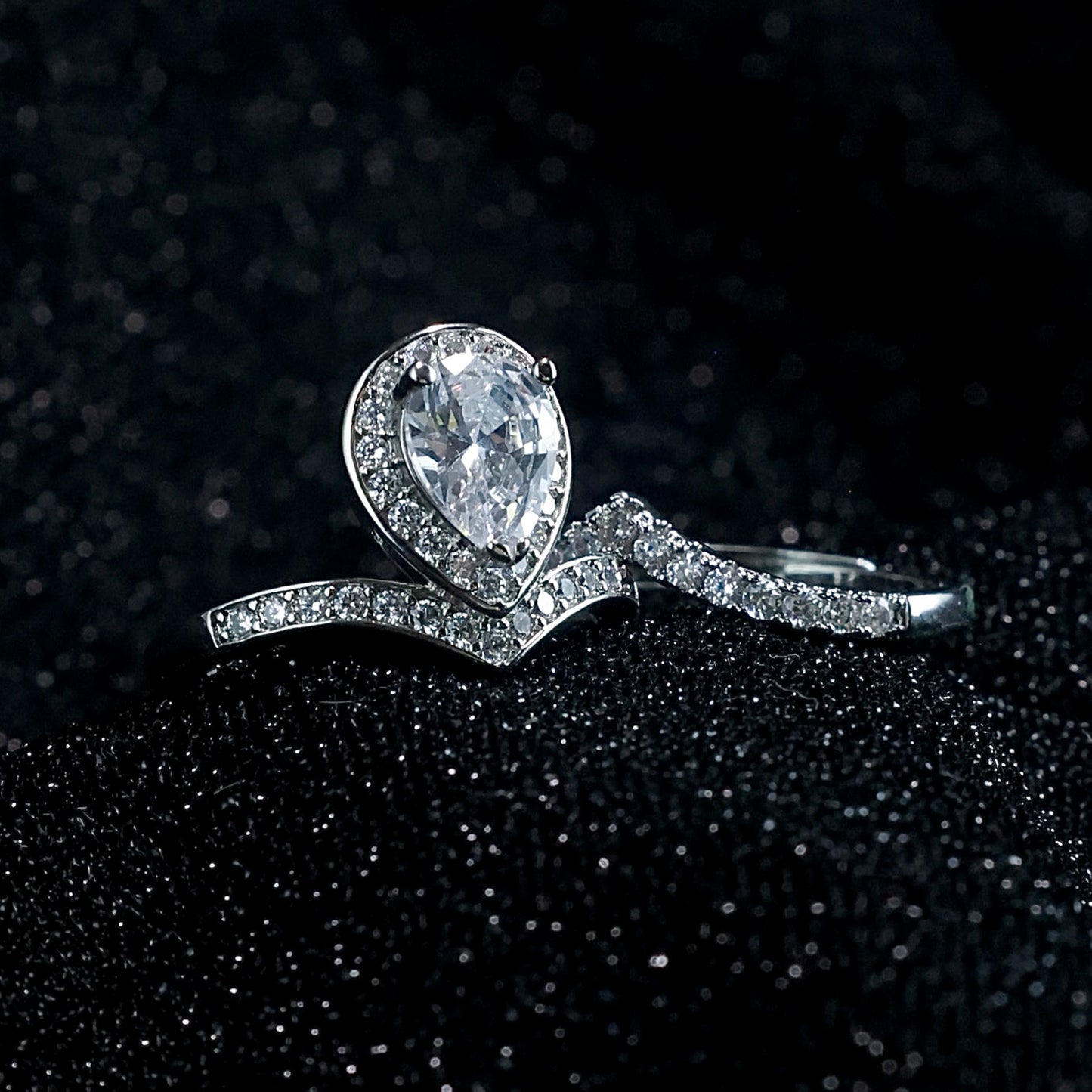 Joudwass Teardrop Halo CZ Ring Set-Silver-Tone Engagement & Wedding Bands