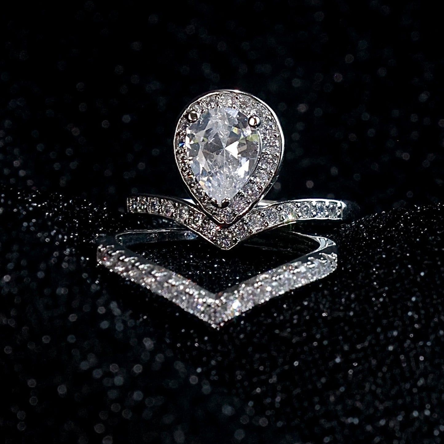 Joudwass Teardrop Halo CZ Ring Set-Silver-Tone Engagement & Wedding Bands