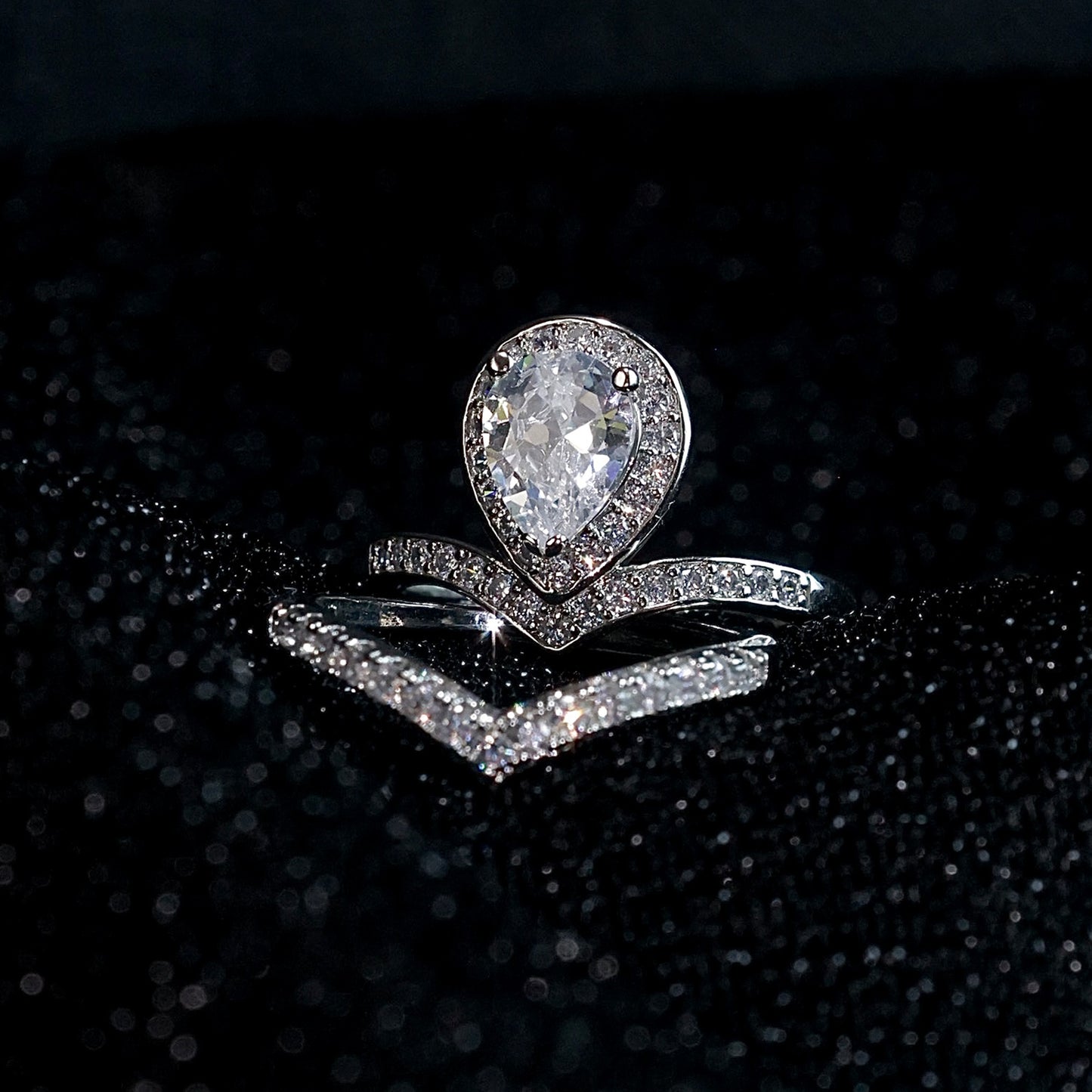 Joudwass Teardrop Halo CZ Ring Set-Silver-Tone Engagement & Wedding Bands