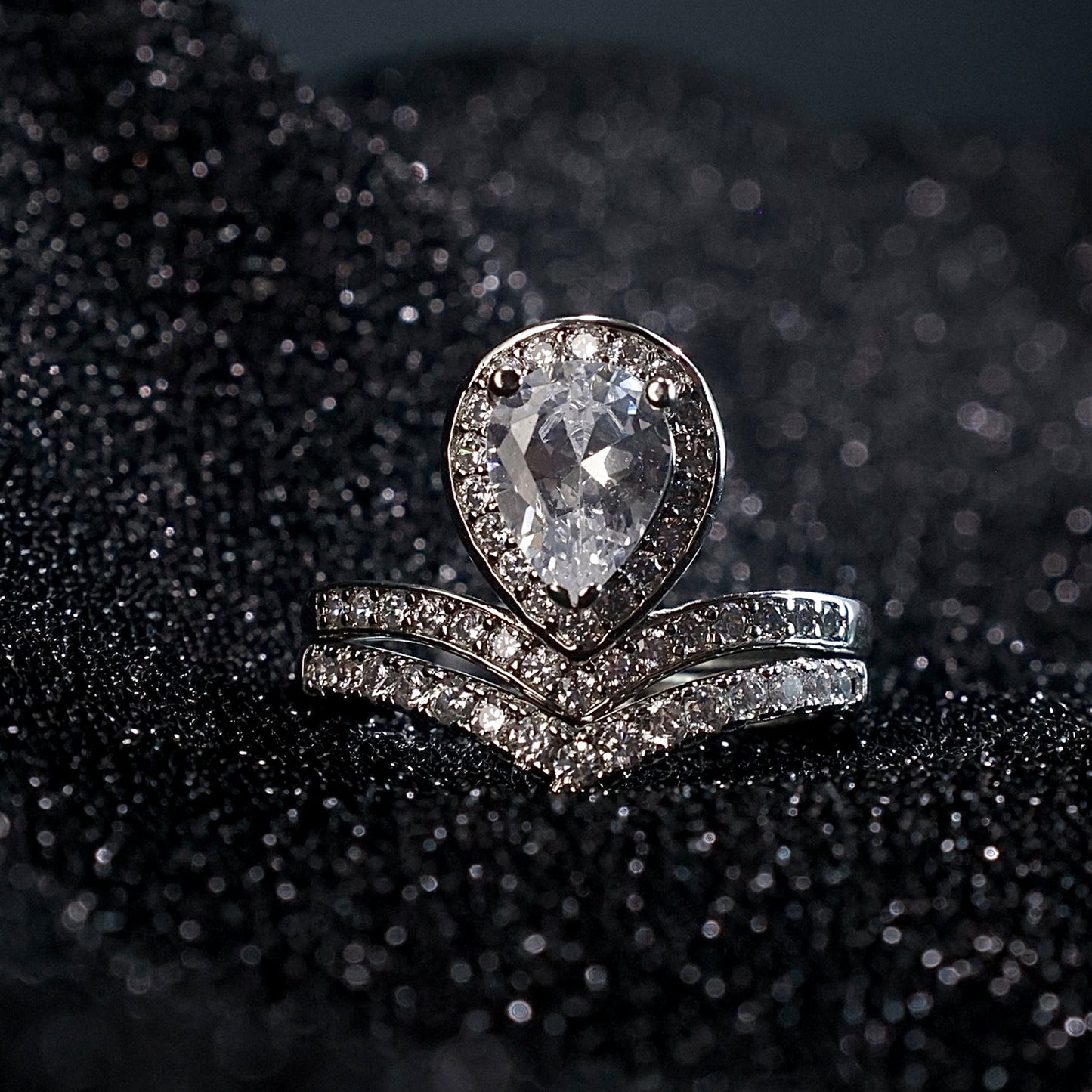 Joudwass Teardrop Halo CZ Ring Set-Silver-Tone Engagement & Wedding Bands